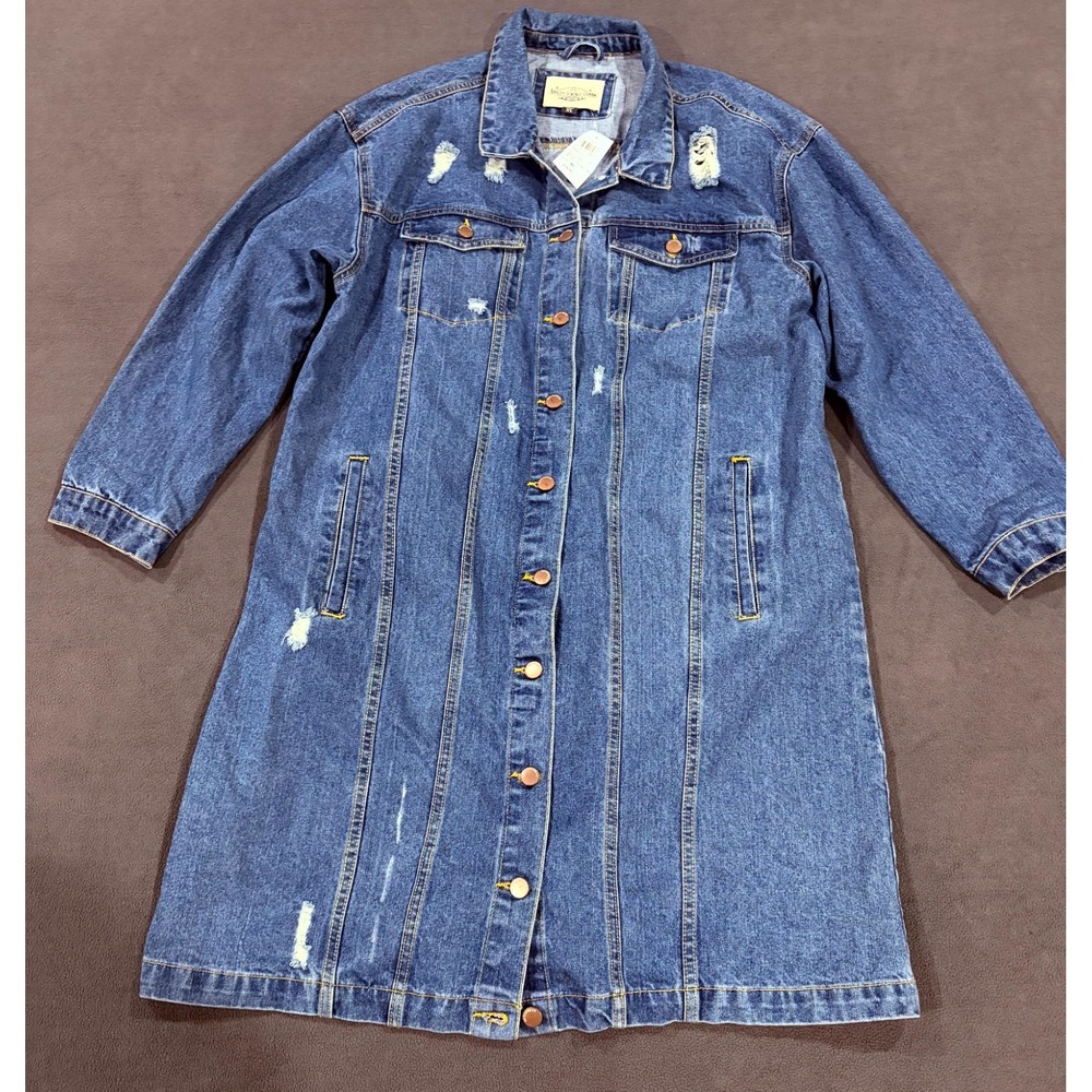 Ashley Vintage Charm Longline Denim Jacket Women XL Blue Distressed Button Front